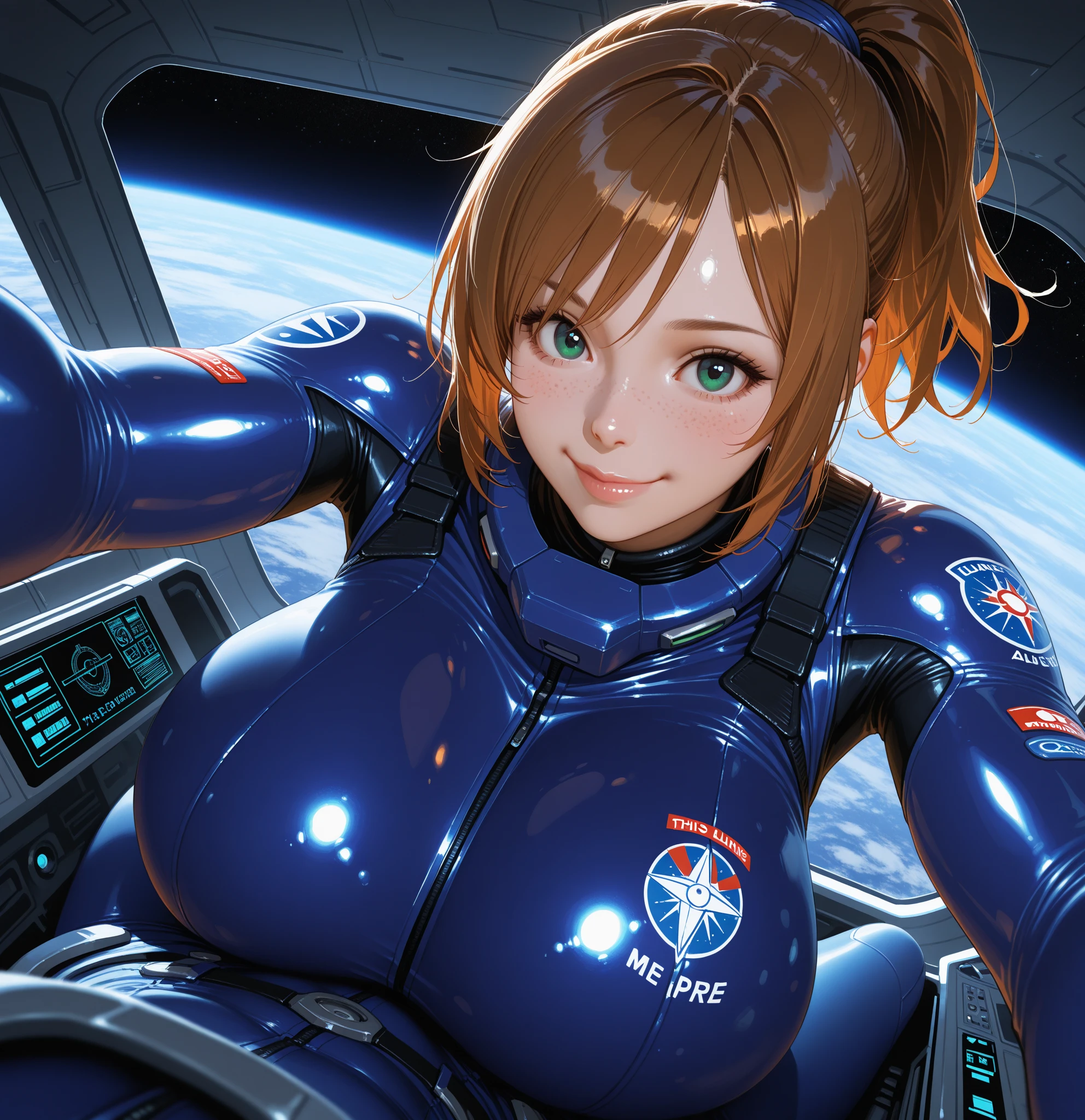 very big tits ((masterpiece, The best quality)), illustration, 8K ultra detailed, realist, clear focus, Very detailed, Professional lighting, Colorful details, a close up of a woman sitting in a cockpit of a plane, gainax anime style, ferra white mecha, portrait anime space cadet girl, style of macross, on a gundam, modern sci-fi anime, anime girl of the future, sci-fi anime, sci - fi pilot, sil from species, sci fi anime, gainax