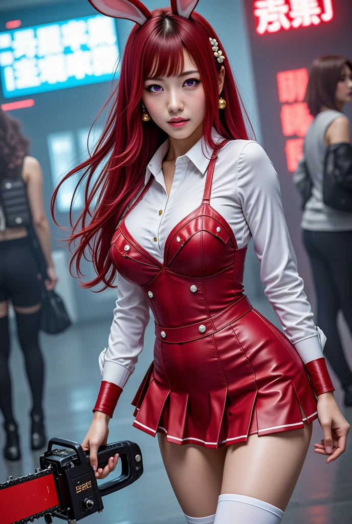 Woman in short skirt and bow tie, Ayaka cosplay, Sun Yun-joo, Korean girl, Spy X family's Anya, Atsuko Kudo wearing latex costume, Korean female fashion model, anime girl cosplay, real life anime girl, captured in Canon EOS R 6, gorgeous young Korean woman, Sakimi-chan, casual pose, (40 year old woman) , (big eyes), (sexy woman), (red hair)