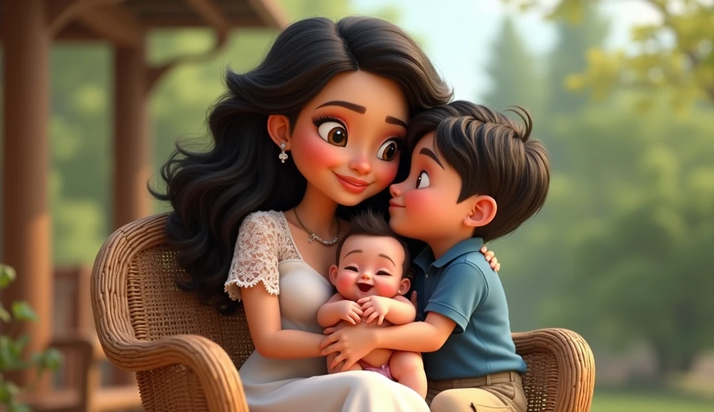 a young woman holding her baby,studio ghibli art style,studio ghibli art style,studio ghibli art style,studio ghibli art style