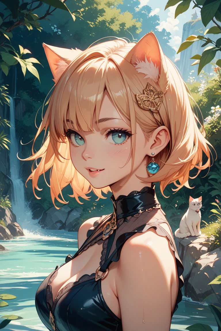 Talking cat with a red collar and a golden bell facing the front