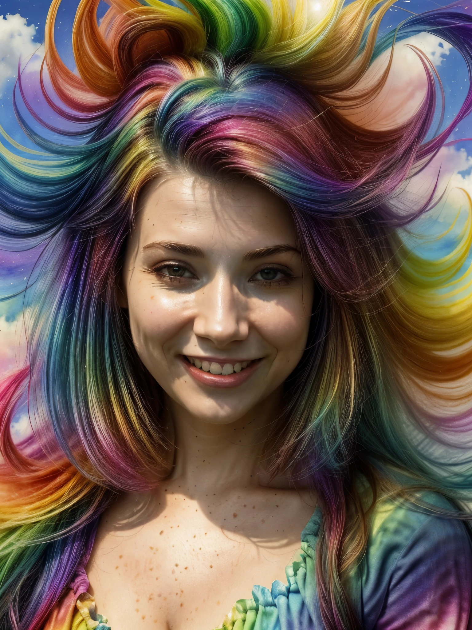 (Masterpiece, Top Quality, Best Quality, Watercolor (Medium), Official Art, Beautiful and Aesthetic: 1.2), (1 Girl: 1.3), (Fractal Art: 1.3), Morning, Good Morning, Smile, Sunny Day, Cheerful, Look Viewer, Pattern, Wave, (Iridescent Hair, Colorful Hair: 1.2), Sky, Gas, Clouds, Colorful, Soap Bubbles