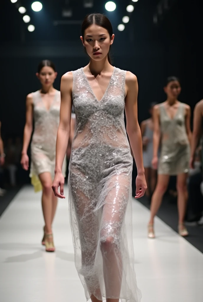 Smart Texture: Costumes made with smart materials。Fabrics that change texture and colour depending on temperature。Self-cleaning and humidity-regulating design。The background is the gorgeous runway of Paris Fashion Week。
