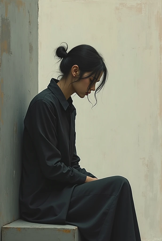 beautiful woman, loose hair, side position, crying, sad, leaning against the wall, sad face, hands wiping tears, hair tied up