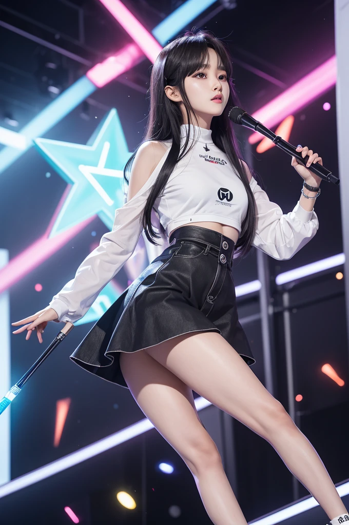 ulzzang-6500-v1.1, (RAW photo: 1.2), (Real photo), (Real photo: 1.4), 1 girl、Perfect anatomy、19 years old、Looking at the camera、Medium length hair、dress, Holding a microphone performing, ((performing on stage: 1.1))、(Hyperrealistic tights: 1.2), (Business service)、Asian eyes Ella,