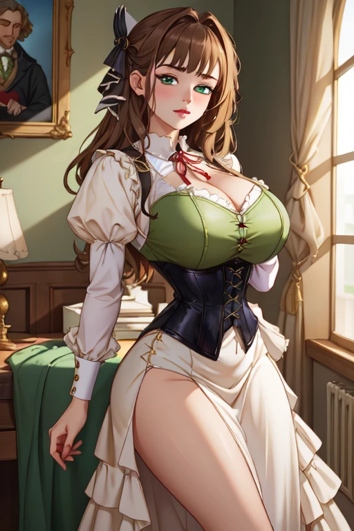 green eyes, brown hair, curly hair, masterpiece, best quality, high resolution, beautiful detailed eyes, extremely detailed face, good lighting, detailed CG, short hair, light smile, large breasts, skinny, yellow maid dress, short puffy sleeves, small maid skirt, thigh highs, collarbone, cleavage, detached collar