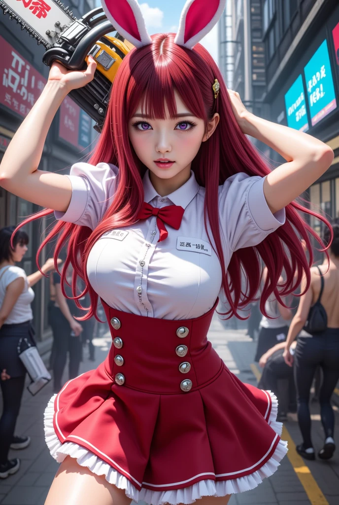 (8k, RAW photo, best quality, mastery:1.3),(realistic,photo-realistic:1.37),(night),(looking viewer:1.331),(white hair),posing,Tokyo street,nightcityscape,cyberpunk city,soft light, 1girl, extremely beautiful face, bust, hands down, casual hairstyle, smile, big eyes, lower abdomen, (white short sleeves, JK_shirt), JK_style, (navy JK_skirt), (bow JK_tie), mix4, big breasts, full body photo, black small leather shoes, realistic, ultra detail, 70 mm lens, Best graphics, big breasts, big breasted, very big chest