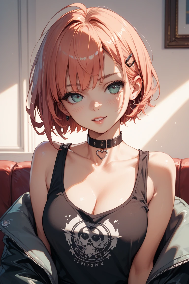 beautiful woman, ((caucasian skin)), red hair, short hair, evil smile, ((garage)), sitting, red lipstick, jeans shorts, tank top, green eyes, portrait, slender body, gold neck chain, busty