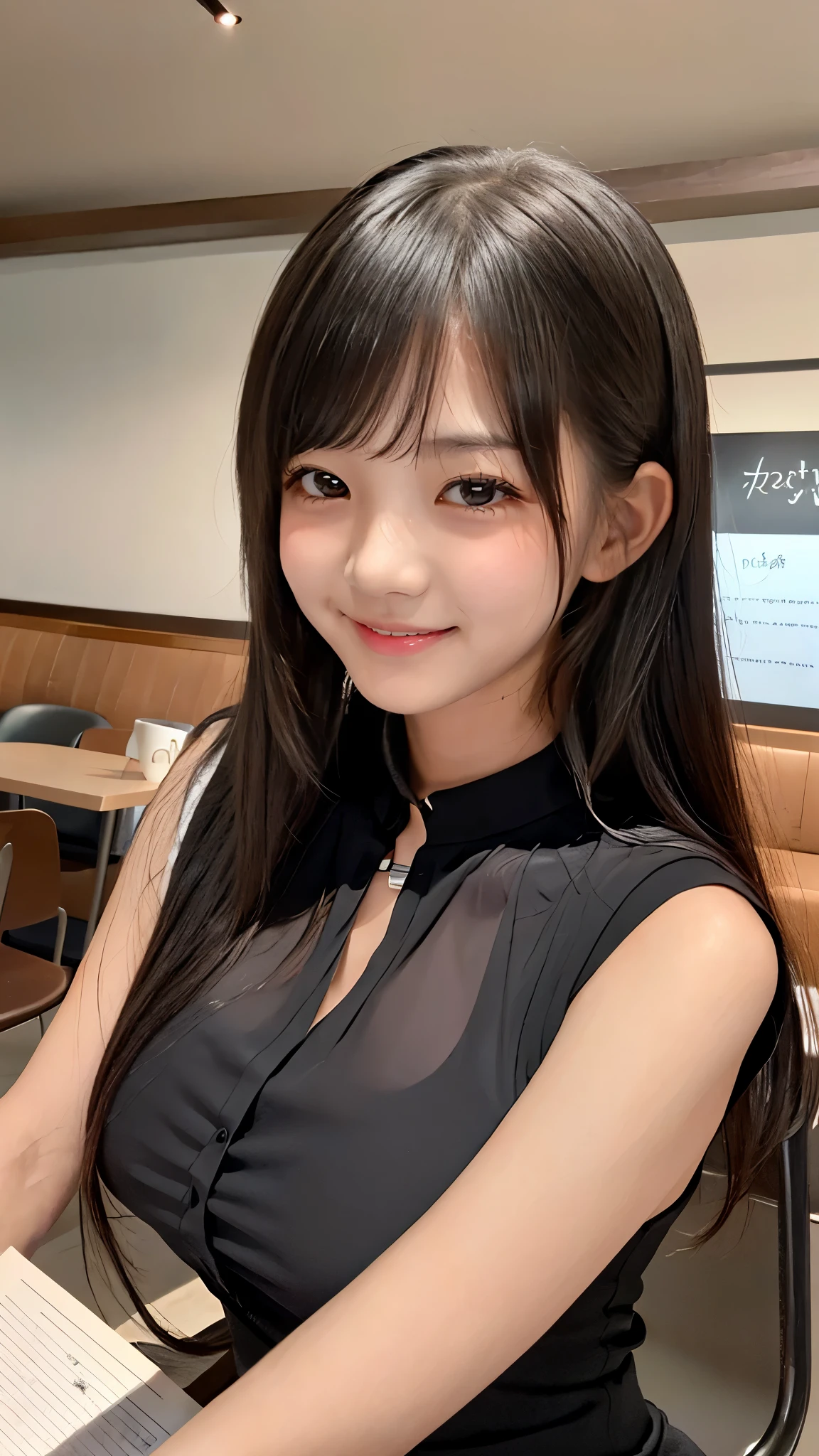 ((Dable Top, breasts on table)), (, HIGH SCHOOL GIRLS)、(sleeveless see-through blouse)、knee length long pencil skirt, black hair, (Beautiful girl sitting in a stylish coffee shop)、((slender body line)), (Emphasized breasts, seductive breast bag), (detailed hands:1.3, perfect right hand:1.3, fine fingertips down to the smallest detail:1.1), top quality, 8k, RAW photos , (Reality), Ultra Fine, (detailed eyes and face:1.2, professional photography techniques), (looks at the viewer:1.2, Mischievous Smile), (perfect anatomy:1.2),