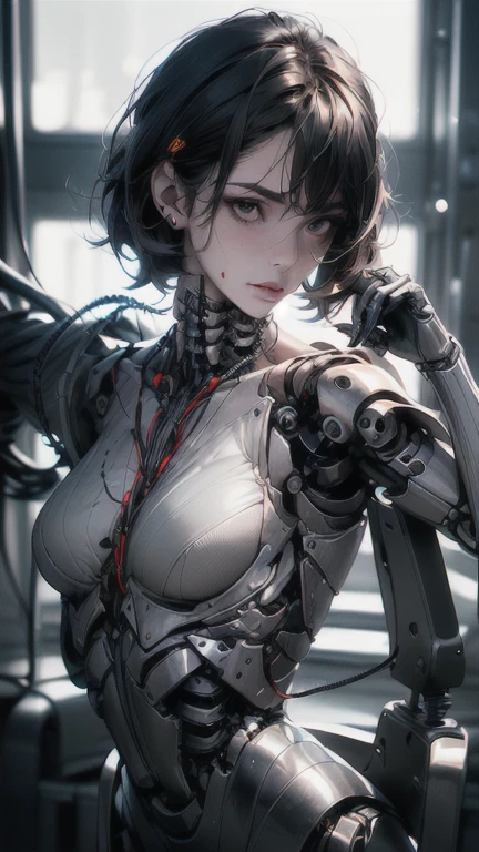 ((tmasterpiece)),(Best quality at best),(A half body),(ultra intricately detailed),(Highest definition),(8K),(Clean lines),(Perfect facial features,Perfect flesh),(offcial art),cyber punk perssonage,Cyborg girl,Artificial dolls,Short silky black hair,(Empty eyes,Bloodless skin),sense of science and technology,Lab Room,((Poor milk)),Slim waist
