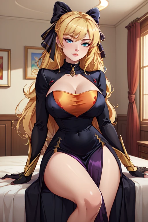 (masutepiece), (Look at the subjectivity), Golden Katana, (Oversized clothes:1.2), Miniskirt, ((Dark clothes)), Choker, (Bandaged hand), (Dark coat with ornate golden embroidery, Golden decoration), (White hair, Golden streaks on the hair), Yellow eyes, Thigh strap, (Neocity), (Clouds), Add_detail:1, hair over eyes, Hair over one eye, Colossal tits, Tits,, Hyper Maximum Size_breasts!! types of buberon,