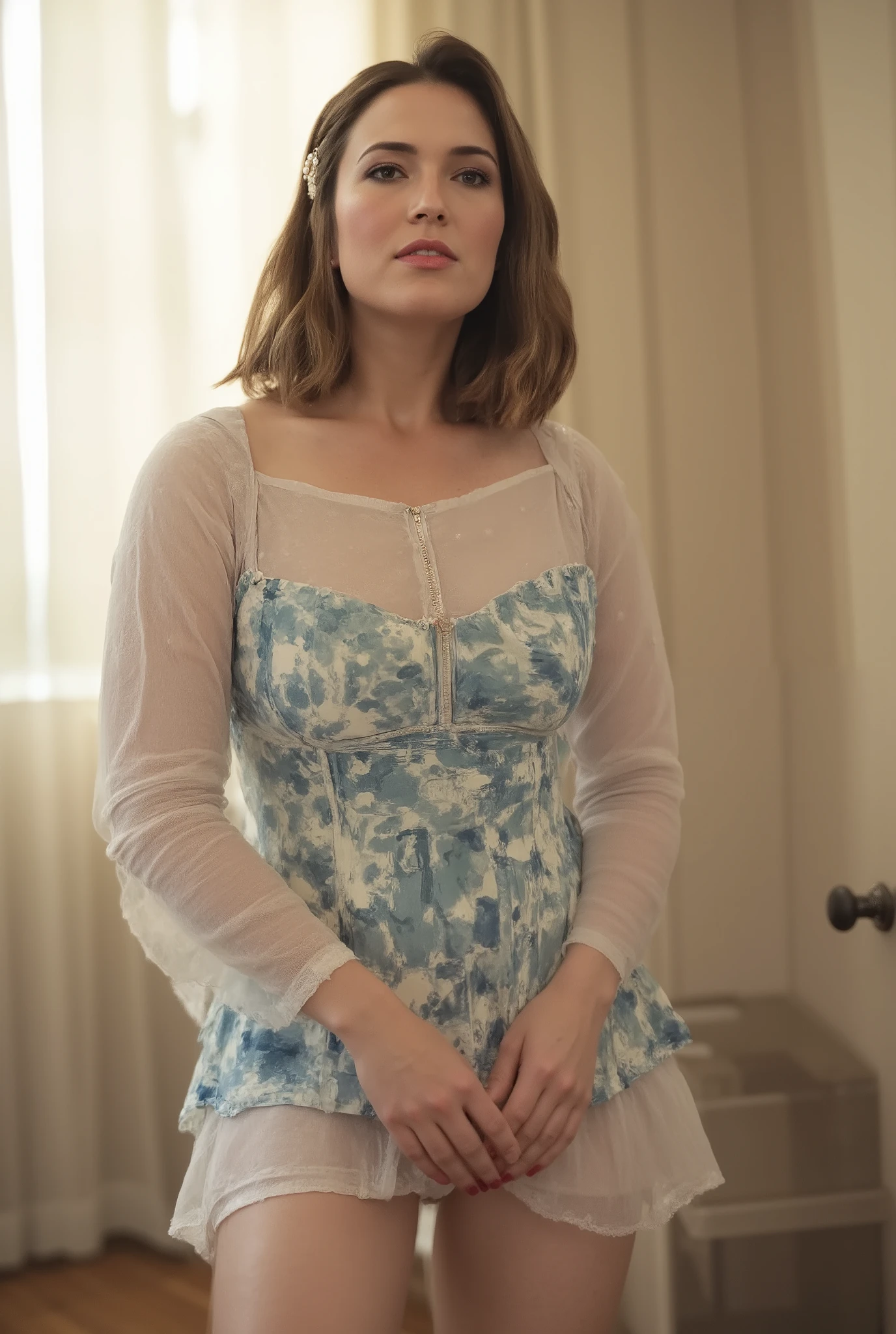 18-year old slim white girl with short blonde curly hair, She is wearing a sleeping dress. She is scared and crying and scresming in a Castle corridor