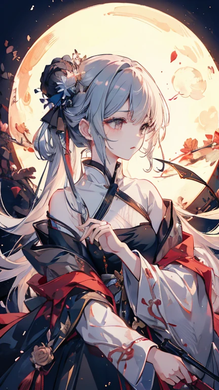 huge ahoge,white hair,yellow eyes,(((Red Taitao))),(((Red sword))),(((red shinyingsword))),((((Thunder and Lightning_The general pulled a knife from her chest)))),((((nagisa blue archive)))),groin,wings on back,wings on waist,multiple wings ,(((((black halo of thorns))))), (white hair, multicolored hair,dark red wings, ((gradient hair)), red hair),((((black halo))))1girl,独奏,