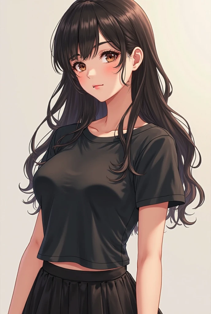 Amazing portrait of a sexy and woman with a beautiful face with seductive eyes gazing intensely at me with her soft lips parted in anticipation of a kiss which is making her blush intensely her lips are also curved in a soft smile she has her luscious black hair in a cute bun wearing a black and white striped t shirt and a dark green skirt paired with some elegant earrings her t shirt showing her medium chest and perfect body off