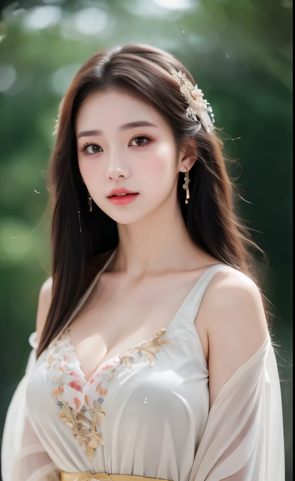 ((Best Quality, 8k, Masterpiece: 1.3)), Focus: 1.2, Perfect Body Beauty: 1.4, Buttocks: 1.2, ((Layered Haircut)), (Wet Clothes: 1.1), (Rain, Street:1.3), (Breasts: 1.2), (Hanfu: 1.2), Bare Shoulders, Bare Legs, Highly Detailed Face and Skin Texture, Fine Eyes, Double Eyelids, Whitened Skin, Long Hair, (Shut Up: 1.5), (Bokeh Background: 1.5), Big Breasts