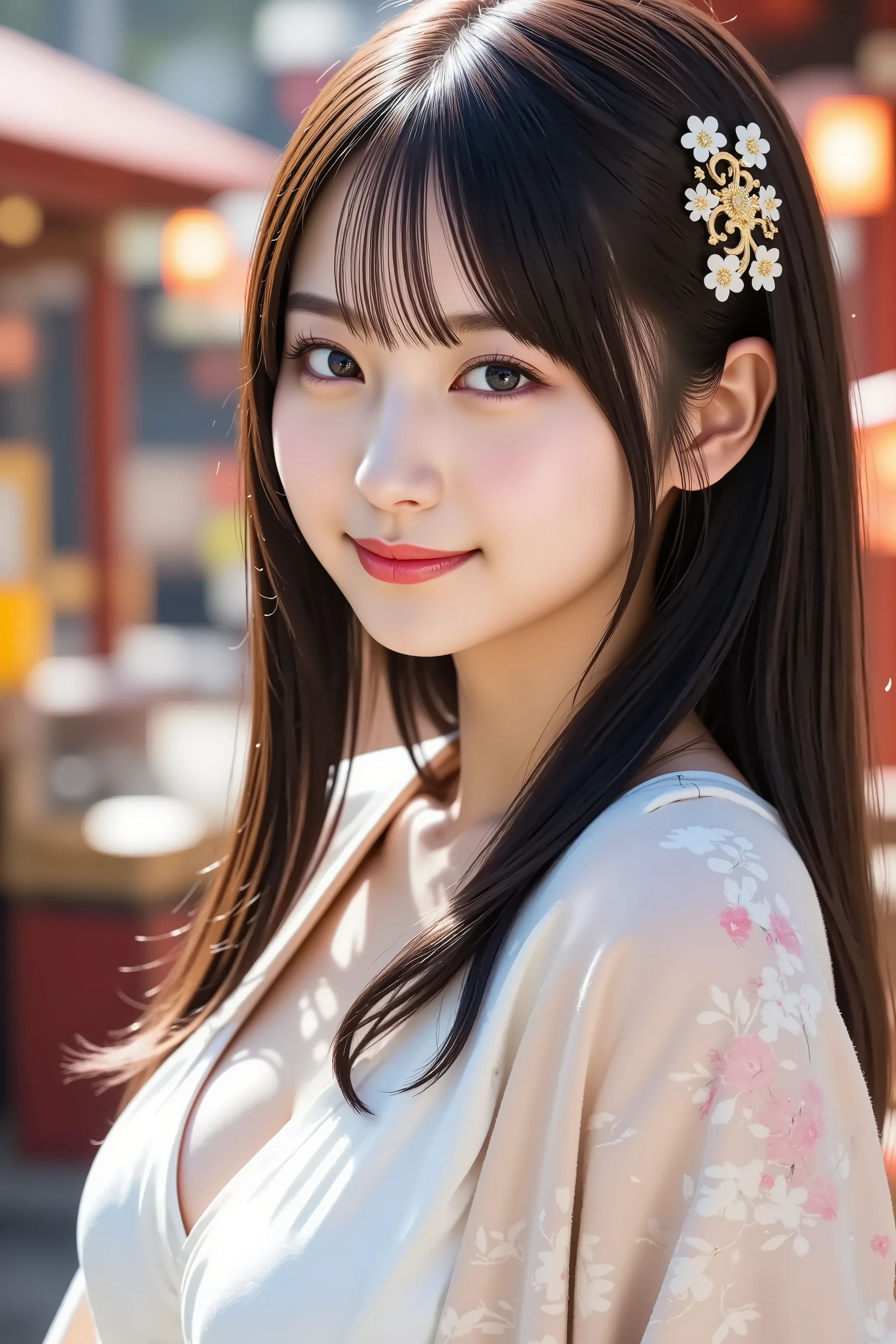 A highly detailed and ultra-realistic digital illustration of a beautiful young Asian woman, explicitly framed from just above her chest upwards, fully capturing her entire head, including the crown and clearly visible hair whorl. The composition ensures her facial features are perfectly centered, with clear, radiant skin, softly blushed cheeks, and a warm, friendly smile accentuated by naturally pink lips. Her large, expressive eyes sparkle, enriched with delicate eyelashes and subtle, elegant makeup. Her straight, sleek black hair is gracefully styled into an elegant updo, adorned with an exquisite kanzashi hairpin featuring delicate floral designs, adding a touch of traditional Japanese beauty to her appearance.
She wears an exquisite, traditional Japanese furisode kimono, adorned with intricate patterns of cherry blossoms and elegant golden embroidery, showcasing rich cultural aesthetics. The long, flowing sleeves add depth and grace to her appearance, while a vibrant obi belt with intricate detailing enhances the authenticity of her attire.
The background is a lively Japanese festival scene, filled with glowing paper lanterns, vibrant red torii gates, and bustling festival stalls selling traditional street food and colorful decorations. Soft bokeh lights from distant festival lanterns create a warm, immersive ambiance, while a subtle golden glow highlights the intricate patterns of her kimono. The festive setting enhances the celebratory atmosphere, immersing the viewer in the rich tradition and beauty of a Japanese matsuri.
The overall image is crystal-clear, hyper-detailed, and rendered in stunning 8K resolution, ensuring breathtaking realism and depth.