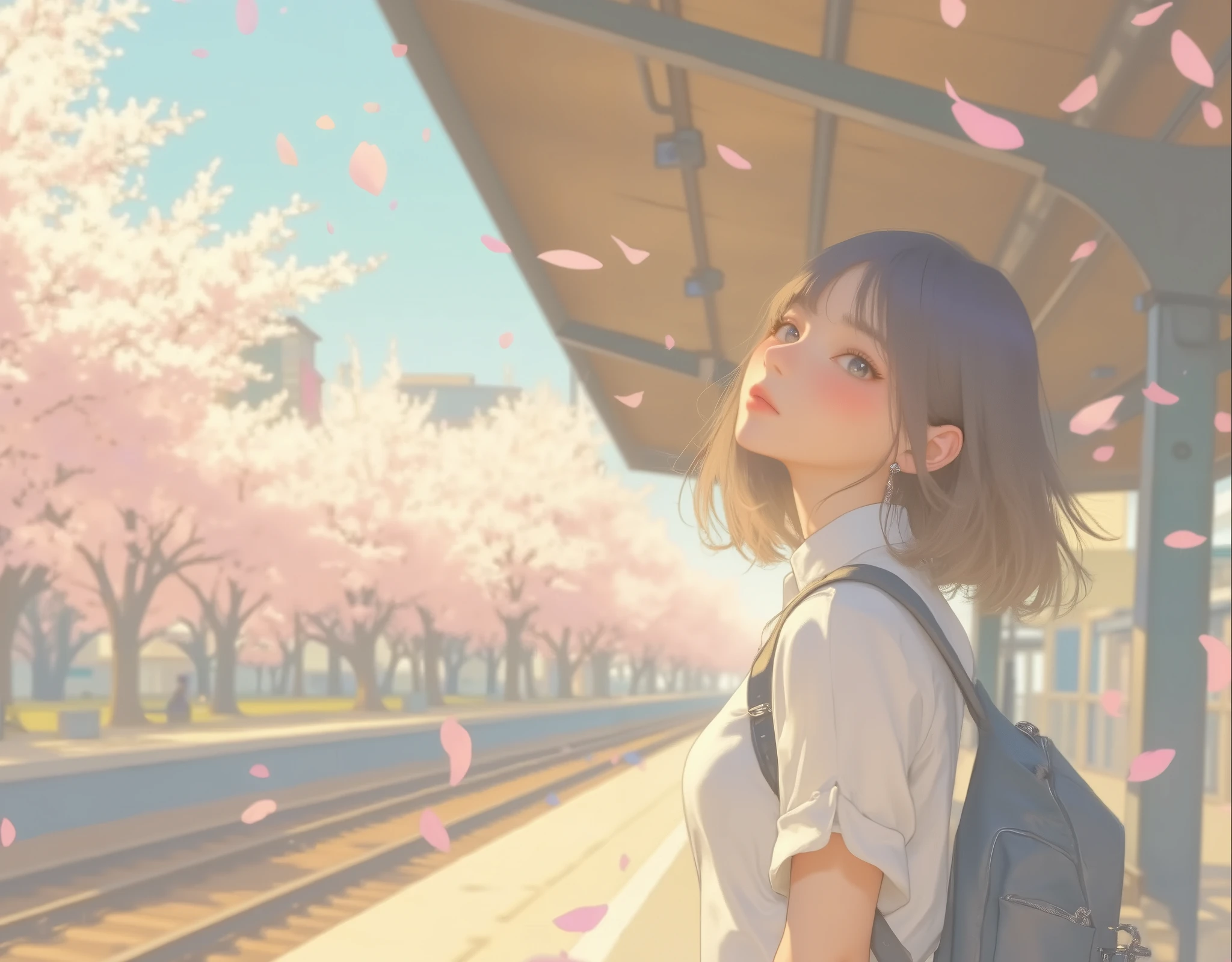 A spring afternoon at a Japanese train station surrounded by cherry blossom trees in full bloom. A young woman stands on the station platform, waiting for a train. She is a college freshman. She looks up at the sky with a happy expression, looking forward to her upcoming college life. Beautiful cherry blossom petals fall as if to celebrate her departure. Warm sunlight shines through the pink flowers, creating a warm anime-style scene. New semester, college freshman, anticipation and anxiety, listening to music with headphones, depth of field, upper body close-up, modern, calm, tension
