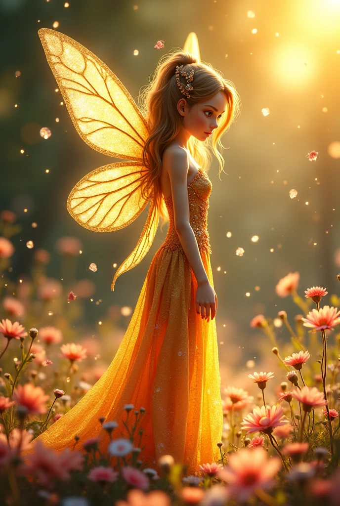 Once upon a time, in an enchanted kingdom, where everything shone with a magical light, I lived. My name is Lucia, and I am a fairy from the flower kingdom. For as long as I can remember, I have always had a special passion for helping flowers bloom and fill the world with their colors and fragrances..

Every morning, I woke up very early, before the sun even rose over the horizon. My wings, shiny and translucent, glistened with the first light of day as I flew over the green fields, looking for the flowers that needed my special touch. With a slight wave of my wand, I whispered magic words that filled each petal with life, Each leaf, every bud about to bloom.

I was the guardian of the most beautiful and secret gardens in the kingdom.. Certo dia, while tending a field of roses, I heard a soft cry coming from a small shaded corner. As I approach, I found a sad daisy, with its fallen and colorless petals. &quot;What happened, my dear?” I asked, leaning down to touch its soft foliage.

Daisy sighed and told me she felt lonely., because all the other flowers around it were grand and full of life, while she felt small and awkward. My fairy heart was filled with compassion. I knew that, Despite its simple appearance, the daisy had a unique beauty, that just needed to be awakened.

I then decided to use my magic in a special way.. I closed my eyes and focused on the deepest desire of that little flower.. With a graceful movement, I touched it with my wand, and immediately, its petals began to glow with a golden hue, like the sun at dusk. The daisy was radiant, and its brightness illuminated the entire field.

The other flowers around, admired, leaned towards her, as if they recognized the new beauty of the daisy. ella, A sua volta, stood up proudly, now knowing that its simplicity was, in truth, your greatest virtue.

From that day on, the daisy became the favorite flower of 