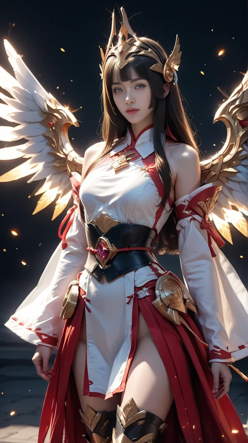 (best quality:1.4),(masterpiece:1.4),a girl holding a sword,in the style of dark pink and light pink,mixes realistic and fantastical elements,vibrant manga,uhd image,glassy translucence,vibrant illustrations,genshin impact,open jacket,skirt,thighhighs,cloud,
