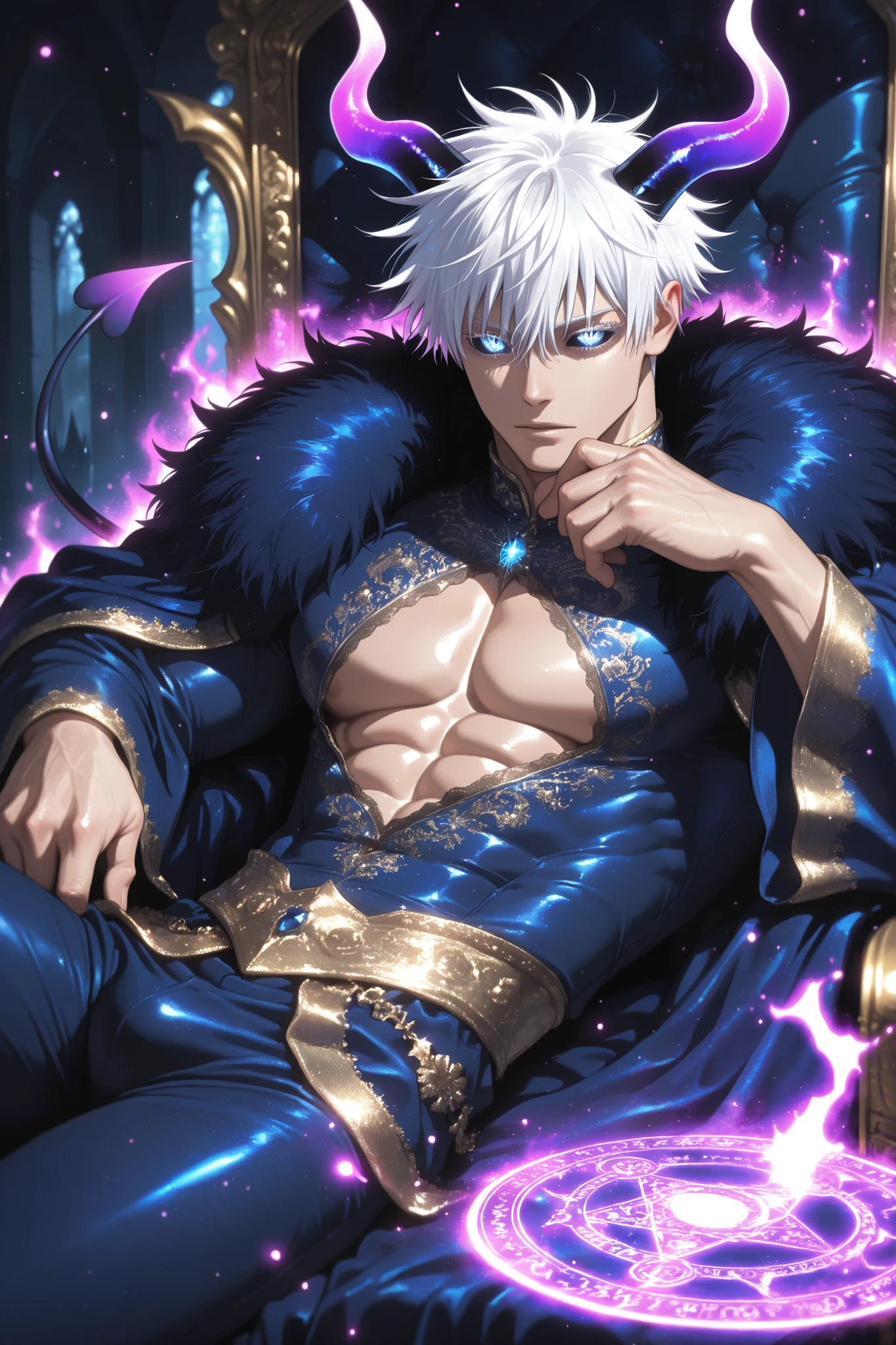 (masterpiece, best quality), amazing quality, very aesthetic, absurd, high definition, latest, perfect anatomy, perfect hands, HDR, 8K, self-light, gloss, glossy color, strong coloring, masterful shading, high contrast, from front, 1man, demon king, demon horns, crone, no wings, demon tail, (( slit pupils)), (glowing eyes:0. 5), (black sclera: 1.0), gojou satoru /(jujustu kaisen/), detailed eyes, blue eyes, white hair, short hair, detailed eyelashes, white eyelashes, ((muscular)), sexy man, handsome, royal robe, male fantasy fashion clothes, Male Fantasy Clothes , cool , high fashion , fantasy style , intricate clothing , embroidery, solo, lying sideways to the viewer, dynamic pose, lying, lying bored in his throne, bored facial expression castle interior, luxurious, glittering, shiny, sparkling, magical, particles, dark atmosphere, magical aura, magic circle, incantation circle