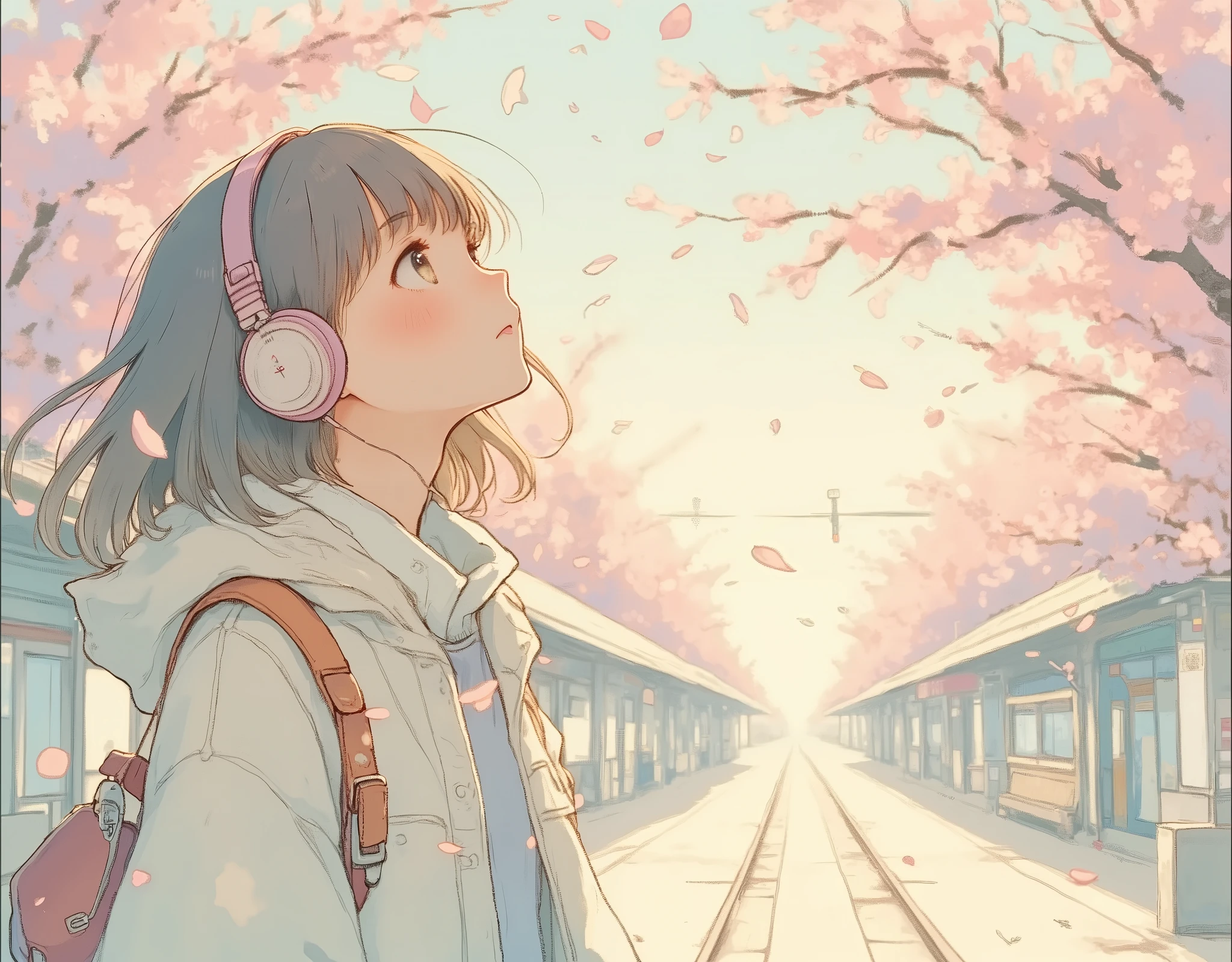 A spring afternoon at a Japanese train station surrounded by cherry blossom trees in full bloom. A young woman stands on the station platform, waiting for a train. She is a college freshman. She looks up at the sky with a happy expression, looking forward to her upcoming college life. Beautiful cherry blossom petals fall as if to celebrate her departure. Warm sunlight shines through the pink flowers, creating a warm anime-style scene. New semester, college freshman, anticipation and anxiety, listening to music with headphones, depth of field, upper body close-up, modern, calm, tension