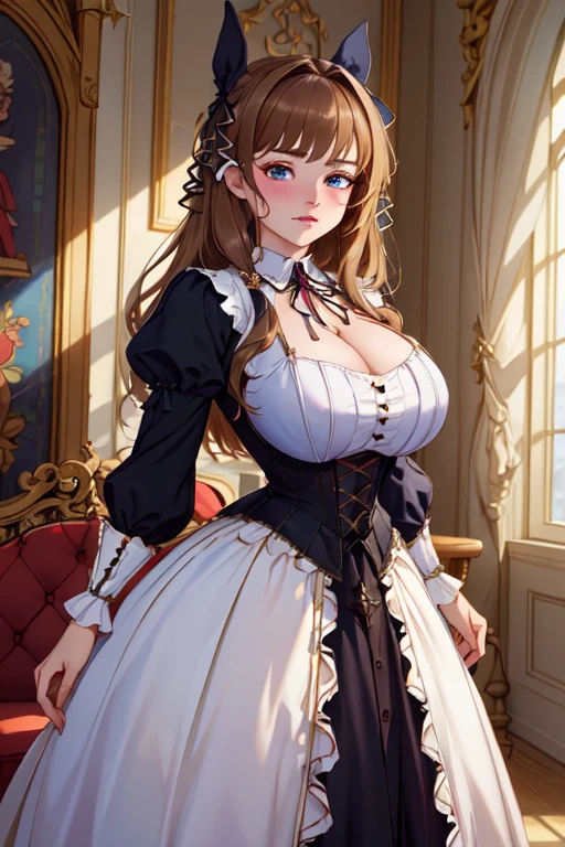 ((Anime art style)),(masterpiece),(highest quality), (Super detailed),((Very delicate and beautiful)),((alone)),((whole body)),((1 princess in a gorgeous Victorian dress)),Lots of frills,Detailed face and eyes,Jewel-like eyes,((voluminous and very long straight hair)),((Gorgeous embroidery and lace)),Gorgeous corsage,See through,Gorgeous hair accessories,Gorgeous sparkly jeweled tiara,Gorgeous frills,((Huge breasts,Long chest)),Skin dents,((whole body)),((Skirt of Hope,crinoline)),Standing pose,Dynamic Angle,View Viewer,Royal Victoria Palace,(((Gorgeous Victorian dress with gorgeous embroidery)),whole body