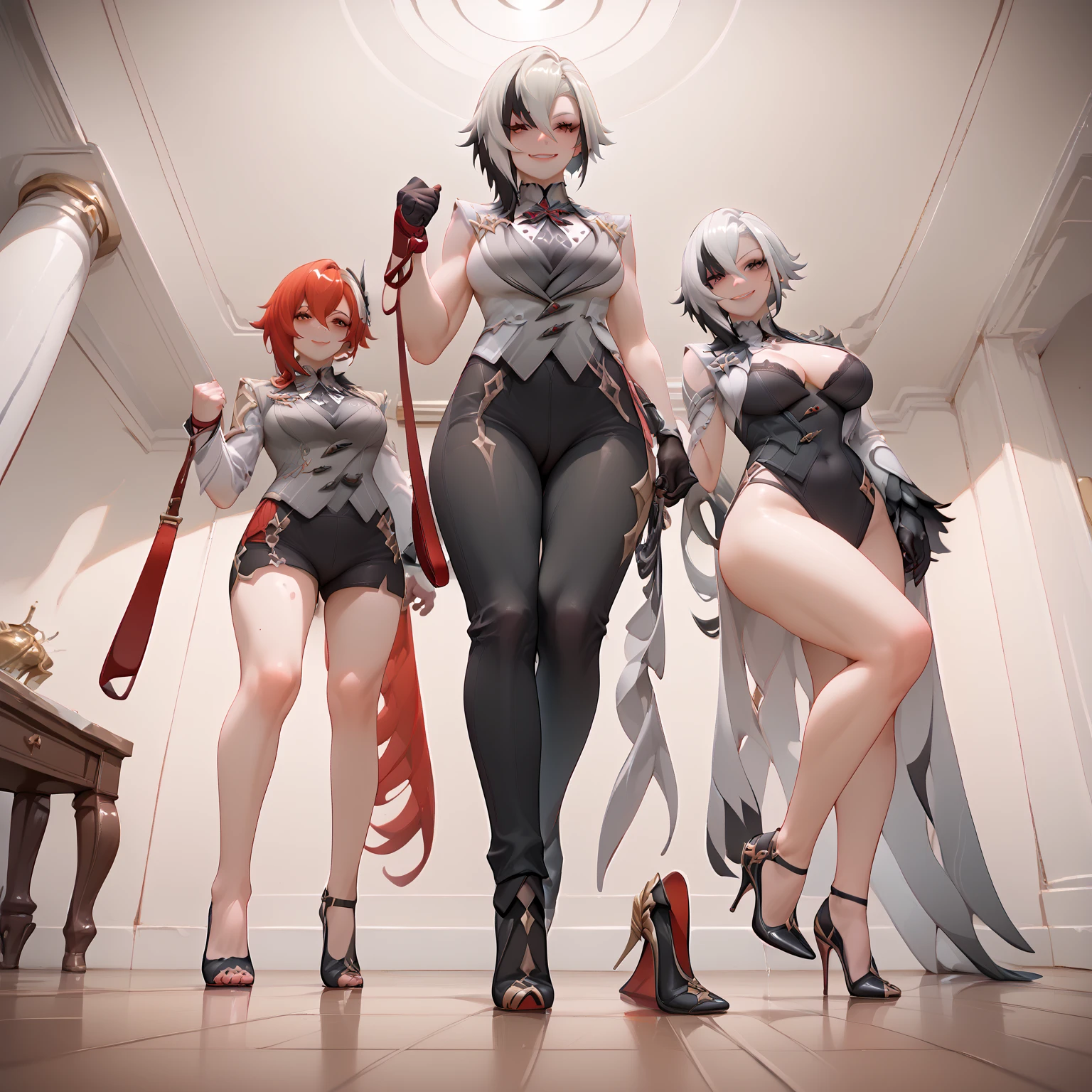 Dwarf Pygmy Slender Modest chest Cat eyes Chestnut-like mouth Red cheeks Short messy blue hair Amber eyes Dark skin Sunburn sports bra Spats Gloves Short boots Belt Choker White fur hood Navel Groin Thighs, ((full body)), (front view)