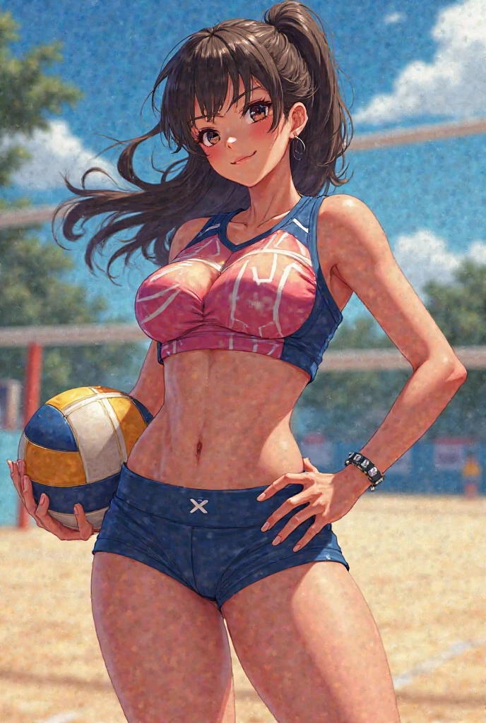 realistic, realistic details, detailed, (((1 girl, 22 years old woman, solo, bikini, happy smile, beach volley ball, people in background, intricate detail, beautiful, sharp focus, depth of field, detailed background))) (ulzzang-6500-v1.1:0.2)