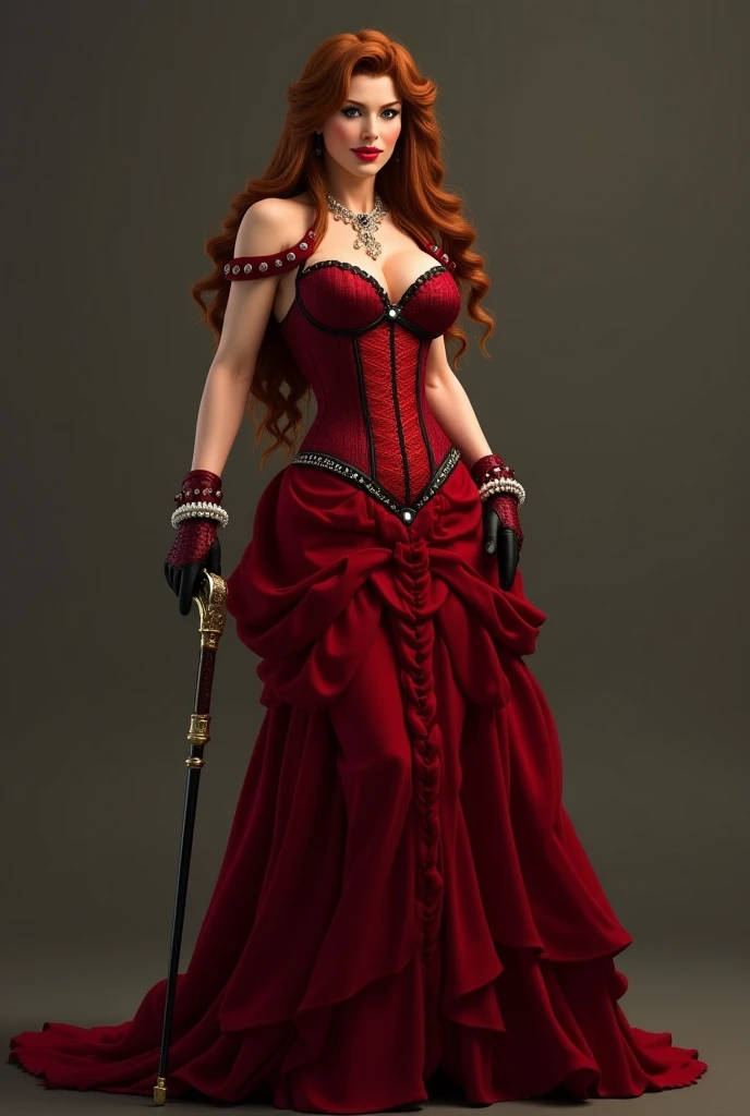 medieval RPG character painting, long wind blown flowing ginger hair, red & black swashbuckler rogue corset, metal pauldrons, saber on belt, black leather strappy pants, (straps buckles:1.2) armor, red lips, green eyes, elegant pendant, standing inside ancient hallway, dynamic pose, (masterpiece:1.4) (best quality:1.4) (8k) (HDR) (wallpaper) (cinematic lighting) (sharp focus) (intricate) (painterly) Style-Sylvamagic