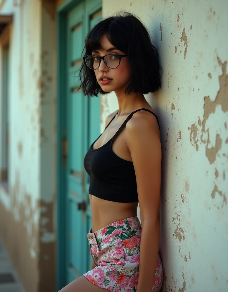 1 Malay girl, best quality, masterpiece, high resolution, [purple|sliver|green] short curl hair, wearing cardigan, sleeveless shirt, black extreme hot pants, hair accessory, necklace, jewelry, beautiful face, glasses, looking forward, full body view, realistic, outdoor, modern square, two-tone lighting, (high detail skin: 1.2), 8k UHD, dslr, soft light, high quality, volumetric light, candid, photo, high resolution, 4k, 8k, background blur