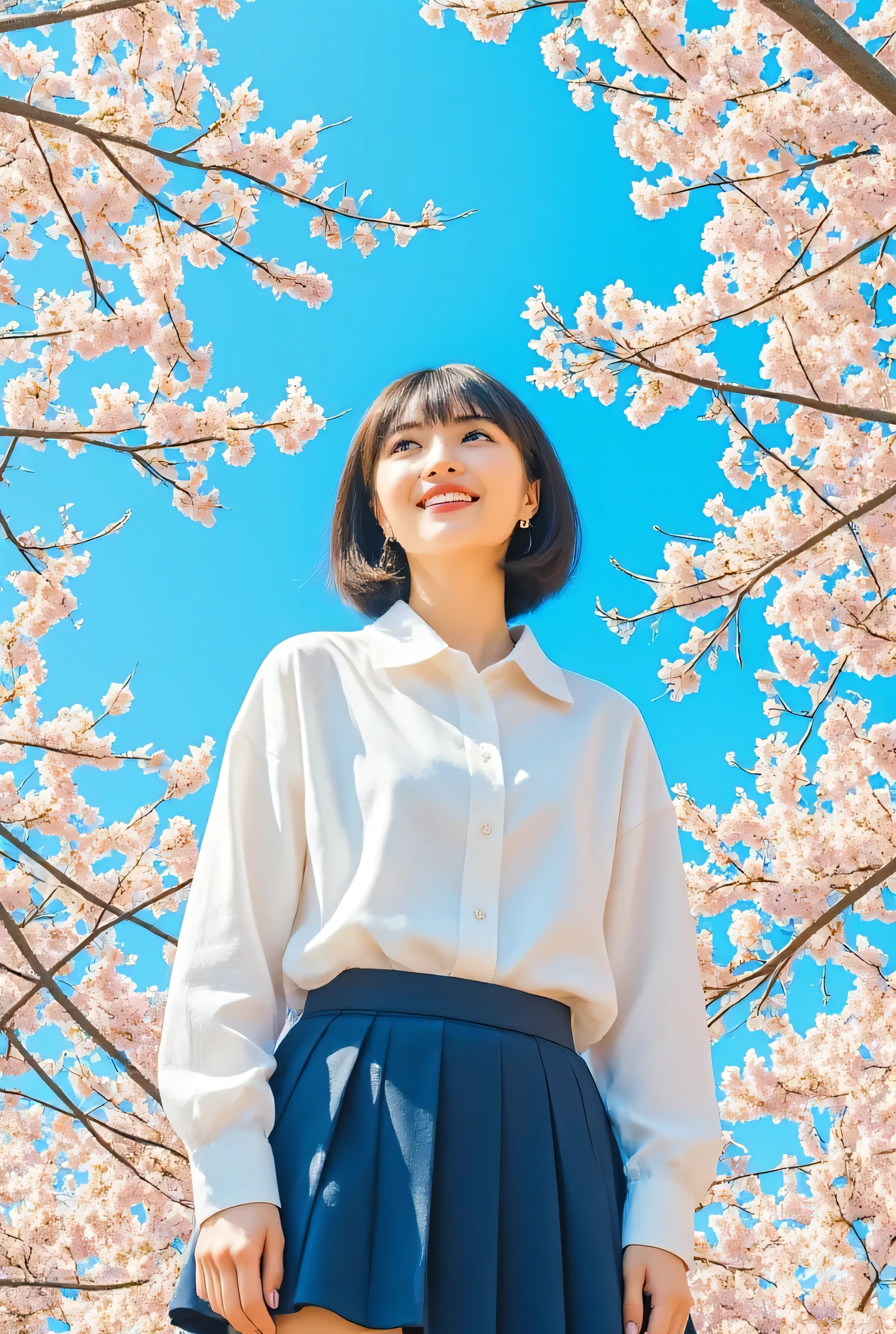 face looking up、angle from above、cherry blossoms are blooming on the top layer、cherry blossoms、Cherry blossoms are scattered in the sky、smile、Very beautiful Korean girl、(age:1.1), black hair( detailed hair :1.2), (accessory:1.1), Blue eye(eye:1.3), ( active pose :1.2), (girl body type:1.1), short cheerleader-style skirt(Detailed Clothes:1.2) 、Full body Sbien、profiles 、short hair、The background is a single color、明るい影とcolor合い、(detailed background:1.1)、 アニメstyle、(Detailed view:1.3), digital art 、(Expression of light and shadow:1.3), (color:1.2), Delicate Description 、(style:1.2), character design、(composition:1.2)。Suzu Hirose、Suzu Hirose、cute