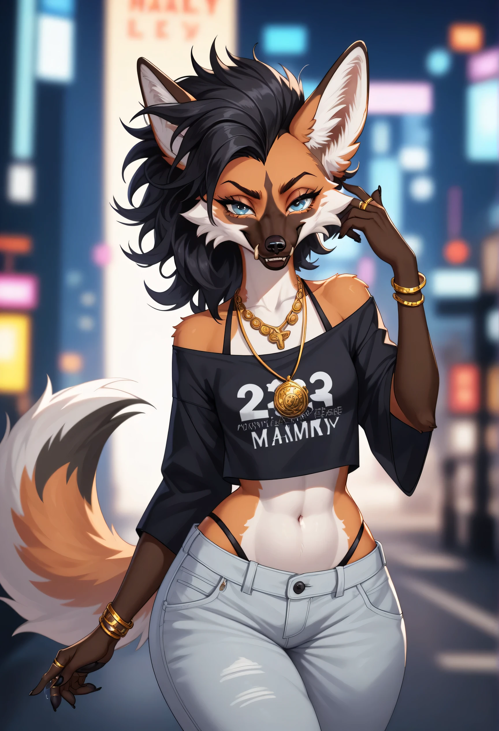 best quality, masterpiece \(quality\), L0LSPL4SH, year2024, year2023, West Studio, sixmorevodka, 1girl, by Riolutiny, solo, anthro_only, ((maned wolf)), fluffy, small breasts, (wide hips), ((wearing edgGrunge_clothing)), ((silver jewelry, rings, bracelets, necklace)), ((round ears)), oversized black shirt, baggy pants, silver details, fluffy hair, black hair, mohawk, tall dommy mommy, L0LSPL4SH, blurry foreground, blurry background, IllusP0s, cyberpunk, looking at viewer, long eyelashes, hyperhandles, mean, smug, long black nails, black paw pads, (dynamic angle, posing, 3/4 view), ((golden tusks)), dominant female