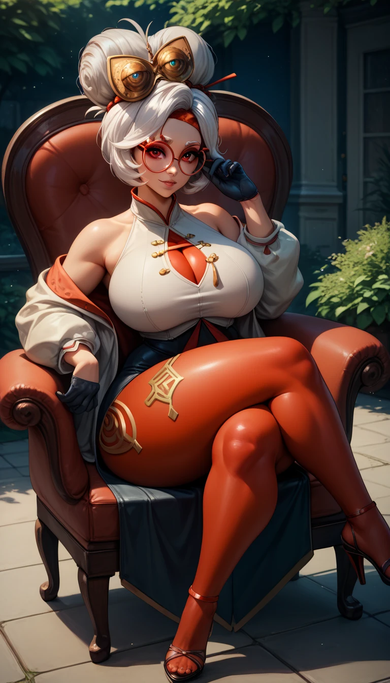 full body, castle roof, <lora:purah-10:1> purah, hair ornament, red-framed eyewear, hair stick, round eyewear, hair bun, sexy dress, navel, stockings, high heels, gloves,, (best quality, 16k, 8k, ultra highres, absurdres, highres, professional artwork:1.2)