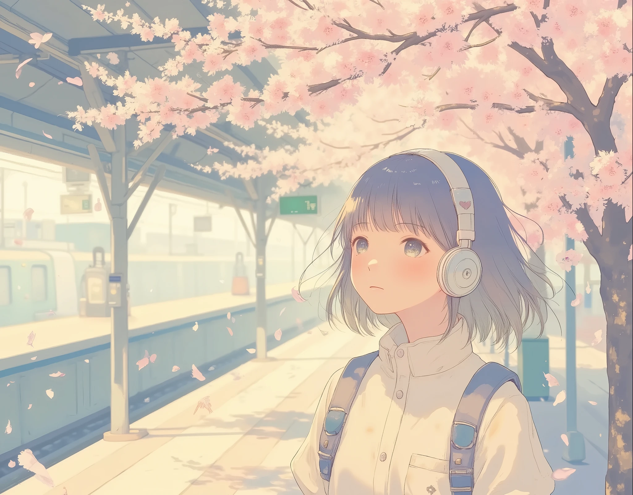 A spring afternoon at a Japanese train station surrounded by cherry blossom trees in full bloom. A young woman stands on the station platform, waiting for a train. She is a college freshman. She looks up at the sky with a happy expression, looking forward to her upcoming college life. Beautiful cherry blossom petals fall as if to celebrate her departure. Warm sunlight shines through the pink flowers, creating a warm anime-style scene. New semester, college freshman, anticipation and anxiety, listening to music with headphones, depth of field, upper body close-up, modern, calm, tension