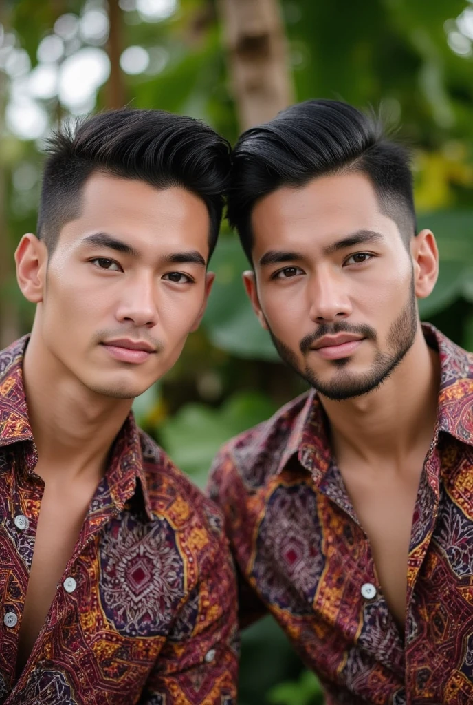Two young Thai grandfathers with gray hair, gray mustaches, muscular bodies, bulging crotches, wet with sweat, are sitting along the canal.