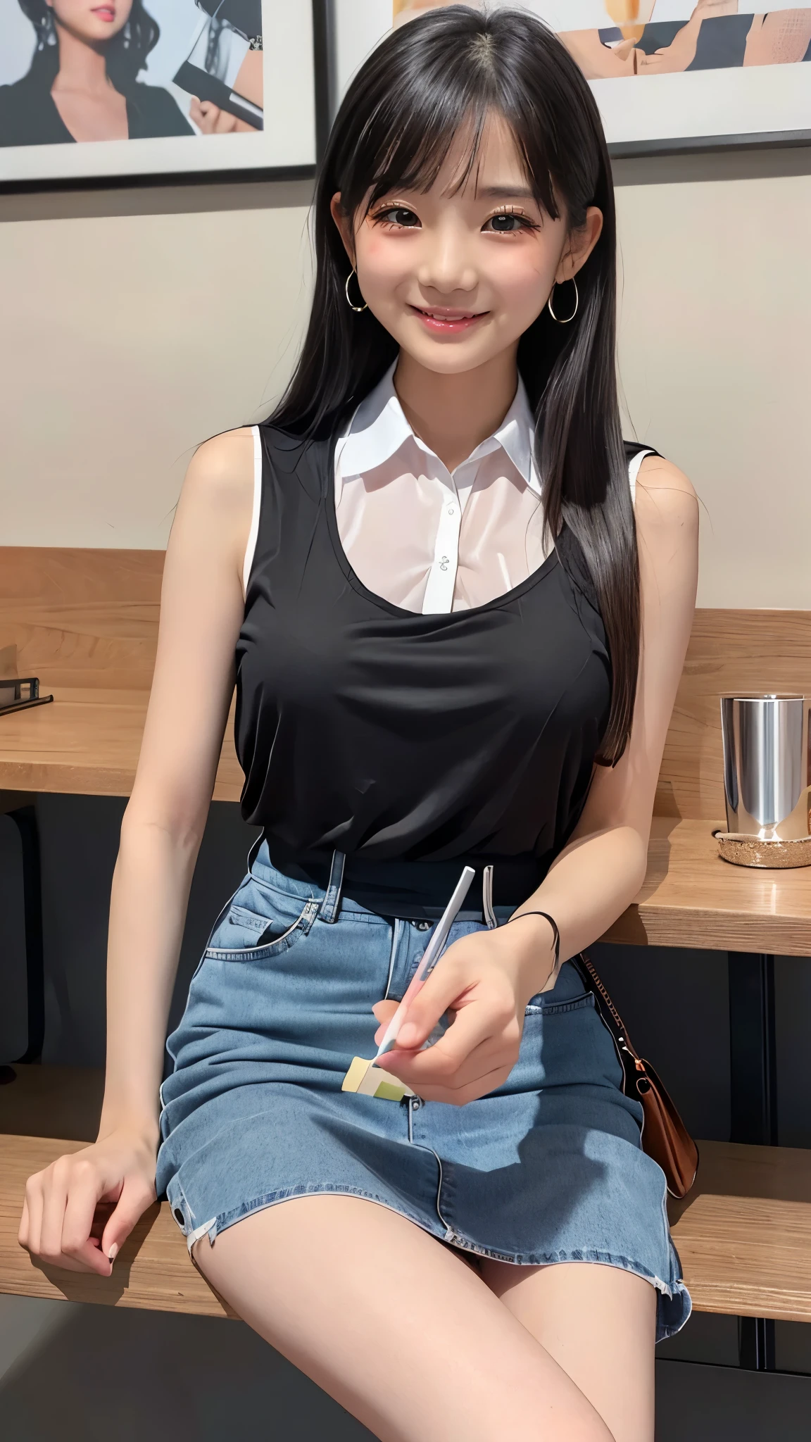 (Dable Top), (, HIGH SCHOOL GIRLS)、(sleeveless see-through blouse)、((knee length long pencil skirt)), black hair, (Beautiful girl sitting in a stylish coffee shop)、((slender body line)), (Emphasized breasts, seductive breast bag), Healer, (detailed hands:1.3, perfect right hand:1.3, fine fingertips down to the smallest detail:1.1), top quality, 8k, RAW photos , (Reality), Ultra Fine, (detailed eyes and face:1.2, professional photography techniques), (looks at the viewer:1.2, Mischievous Smile), ((tight waist)), ( detailed legs:1.3, thin thighs:1.2, beautiful feet), small nice ass, (cute dynamic pose), (perfect anatomy:1.2), ((breasts on table))