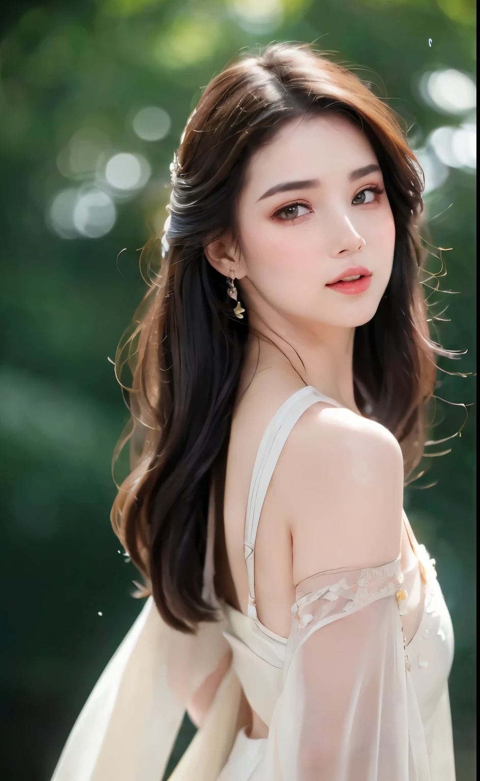 ((Best Quality, 8k, Masterpiece: 1.3)), Focus: 1.2, Perfect Body Beauty: 1.4, Buttocks: 1.2, ((Layered Haircut)), (Wet Clothes: 1.1), (Rain, Street:1.3), (Breasts: 1.2), (Hanfu: 1.2), Bare Shoulders, Bare Legs, Highly Detailed Face and Skin Texture, Fine Eyes, Double Eyelids, Whitened Skin, Long Hair, (Shut Up: 1.5), (Bokeh Background: 1.5), Big Breasts