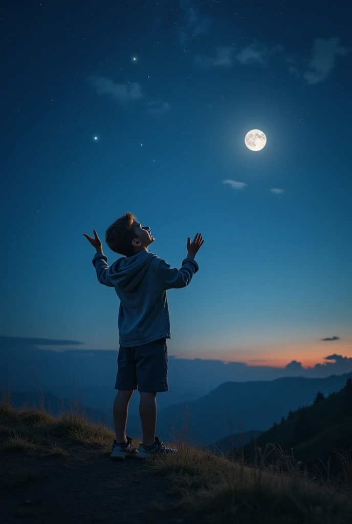 Create an image of a 10-year-old boy in love with the universe, where he is looking at a starry sky. aspect ratio 16:9 disney style, unreal engine, detailed, ultra hight definition, chibi, fullbody