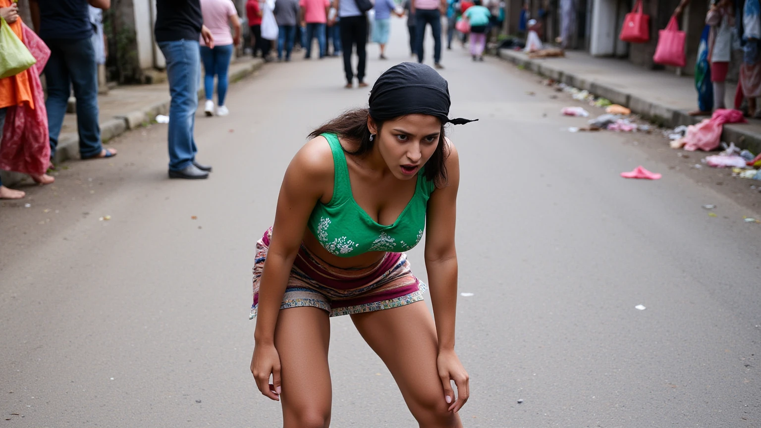 Full nude indian girl, crying, laying down on indian street exposing her full body, large group of indian men surrounding her in the background