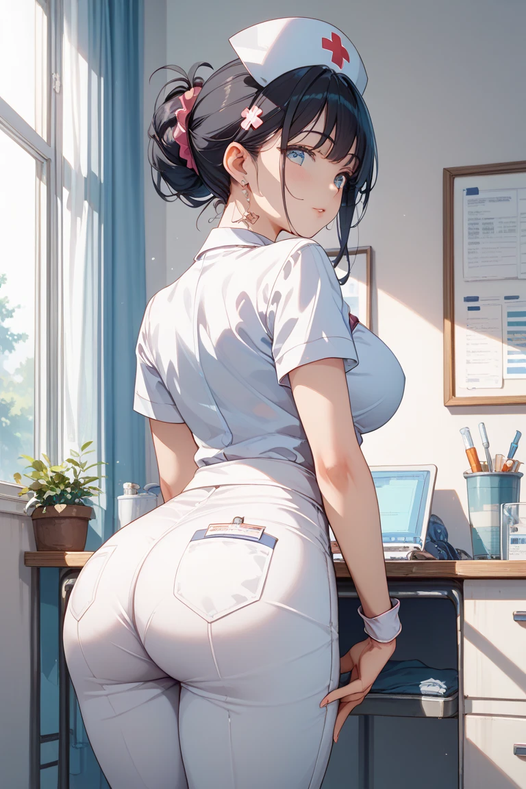 ((Nurse)),(White pencil skirt),((Polka dot panties)),1girl in, Solo,(A MILF), (maturefemale,Adult Woman),masuter piece, of the highest quality, ultra-definition, max resolution, A highly detailed, Clean skin,Large bust,(Mini Pencil Skirt),((from behind)),Front view,groin,Underwear is sheer,at hospital,