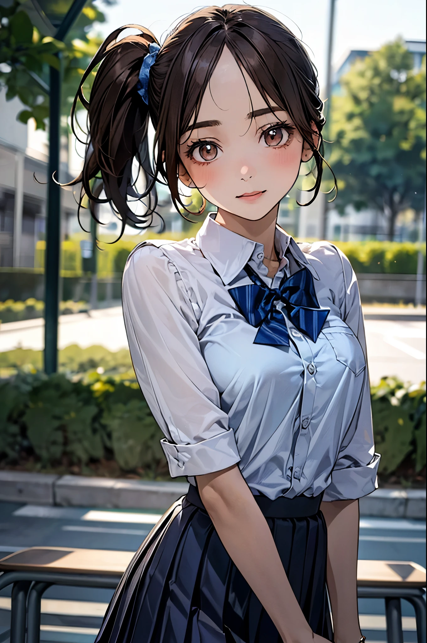 (((jojo pose, giorno pose))), pose parody, solo, pose imitation, (clothes grab), 
(masterpiece:1.3, top-quality, ultra high res, ultra detailed), (realistic, photorealistic:1.3), beautiful illustration, perfect lighting, natural lighting, colorful, depth of fields, 2025s, , 
beautiful detailed hair, beautiful detailed face, beautiful detailed eyes, (perfect anatomy, anatomically correct, super detailed skin), shiny skin, 
looking at viewer, 1 girl, high school girl, cute and symmetrical face, perfect face, perfect eyes, perfect body, perfect fingers, babyface, cute face:1.2, tiny, 
(middle hair, side ponytail, light brown hair), ((hair pulled back:1.2, forehead)), brown eyes, big eyes, long eye lasher, (medium breasts, seductive thighs), slender, skin dentation, 
(detailed cloth texture), (blue bowtie), BREAK ((white collared shirt)), ((navy pleated skirt) ),, 
(beautiful scenery), summer, evening, detailed background, (schoolyard:1.5), 