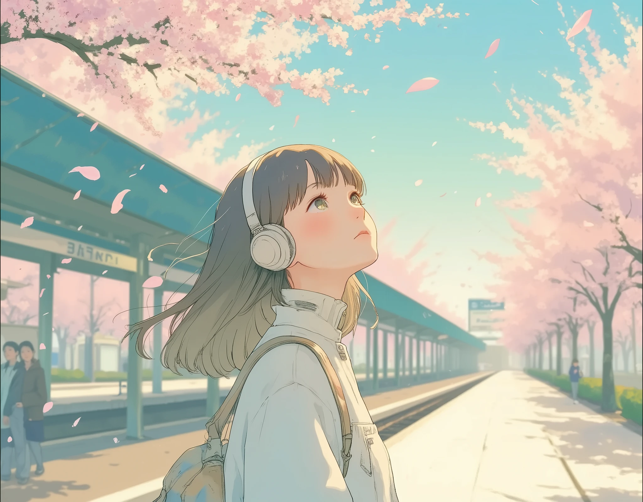 A spring afternoon at a Japanese train station surrounded by cherry blossom trees in full bloom. A young woman stands on the station platform, waiting for a train. She is a college freshman. She looks up at the sky with a happy expression, looking forward to her upcoming college life. Beautiful cherry blossom petals fall as if to celebrate her departure. Warm sunlight shines through the pink flowers, creating a warm anime-style scene. New semester, college freshman, anticipation and anxiety, listening to music with headphones, depth of field, upper body close-up, modern, calm, tension