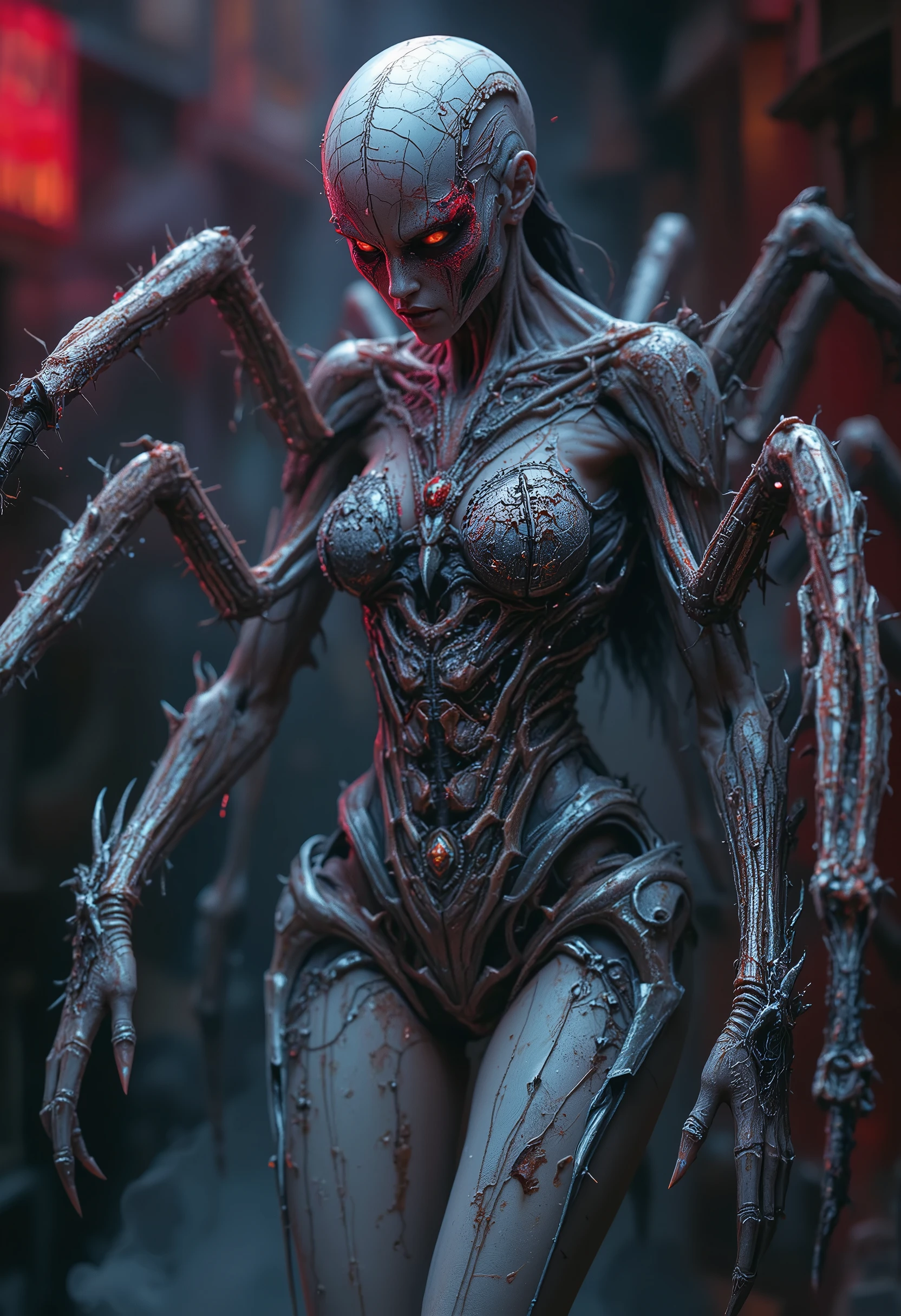 (best quality,4k,8k,highres,masterpiece:1.2),ultra-detailed,realistic,photorealistic:1.37, vivrant colors, neon colored), this creature, a terrifying fusion of spider and human female with six arms, embodies a grotesque harmony of two distinct forms. Its upper body retains the unmistakable features of a woman, albeit distorted by the merging process. its eyes gleam with a sinister intelligence, more arachnid than human. (no hair, white skin:1.3),
From the torso sprout four additional limbs, elongated and jointed like a spider's, yet retaining a disturbingly human fleshiness. These arms are equipped with fingers that end in sharp, chitinous claws, capable of rending flesh with ease.
The lower body is a fusion of spider and human anatomy, with the abdomen stretching out behind like that of a monstrous arachnid. Jagged spines protrude from its exoskeleton, each one a reminder of its unnatural origins. The legs, a grotesque combination of human thighs and spider's hairy appendages, provide both agility and strength, enabling it to skitter across surfaces with alarming speed and grace.
In its presence, one cannot help but feel a primal fear, as if staring into the abyss where human and arachnid merge to create a nightmare incarnate.