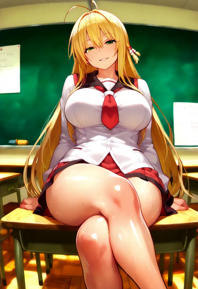 (((Spread your legs))、(((Accentuate your breasts)))、Highest quality, 8k, masterpiece :1.3)), whole body, Sharp focus :One Girl,Shiny skin,Sexy pose,Highest quality,Tabletop,shape,Very delicate and beautiful,Hmph,8k壁紙,wonderful,In detail,Official Art,Very detailedなティッカーUnity 8k壁紙,Incredibly ridiculous,Large file size,Very detailedな,High resolution,Very detailed,Beautiful detailed girl,Realistic,X-ray,The queue is full,(((Uniform Blazer、mini skirt)))、(((Big Breasts、Blonde)))、(((School、classroom)))、Stand upright、Cleavage , ((Golden Hair))、mini skirt、Knee-high socks、Sexy pose、Hairstyle: Long hair、Two hands、Put your hands on your hips