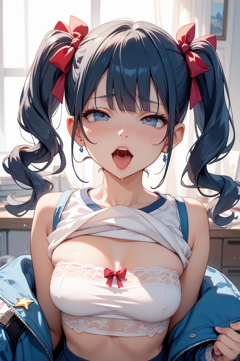 Cute and Blushed Girl with White skin, blue eyes, curly red hair, 2 pigtails with blue bows, blue mini skirt and bra