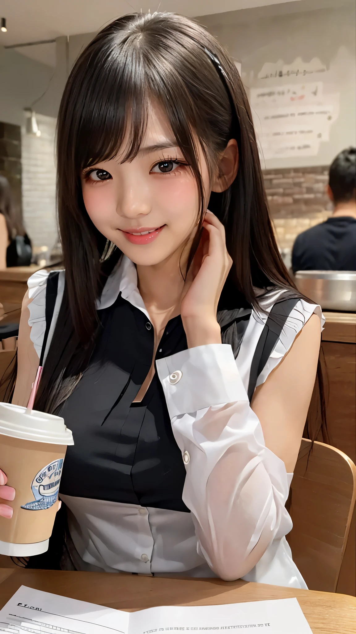 ((Dable Top, place your chest on the table, breasts on table)), (, HIGH SCHOOL GIRLS)、(sleeveless see-through blouse)、knee length long pencil skirt, black hair, (Beautiful girl sitting in a stylish coffee shop)、((slender body line)), (Emphasized breasts, seductive breast bag), (detailed hands:1.3, perfect right hand:1.3, fine fingertips down to the smallest detail:1.1), top quality, 8k, RAW photos , (Reality), Ultra Fine, (detailed eyes and face:1.2, professional photography techniques), (looks at the viewer:1.2, Mischievous Smile), (perfect anatomy:1.2),