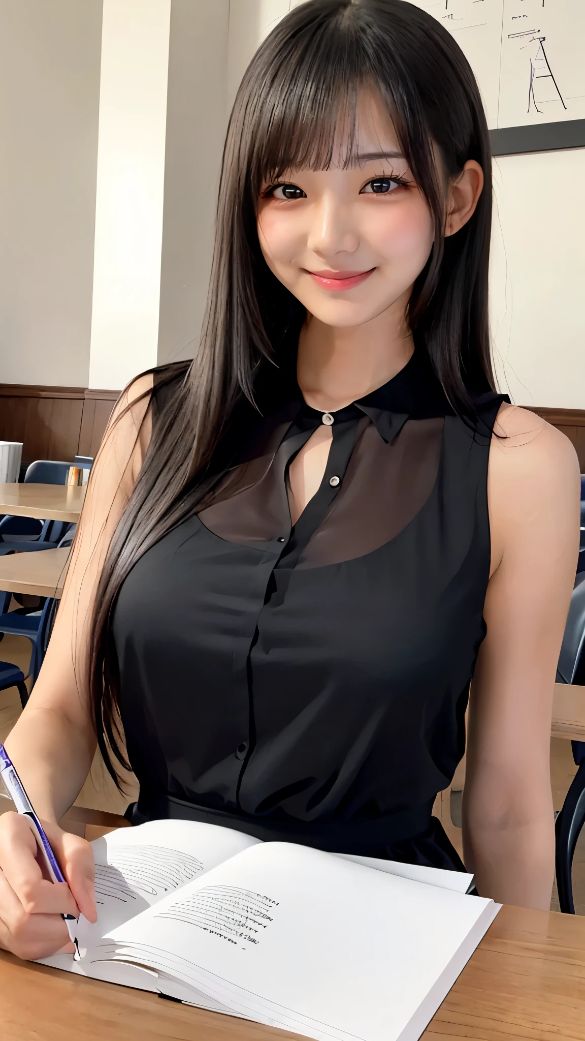 ((Dable Top, place your chest on the table, breasts on table)), (, HIGH SCHOOL GIRLS)、(sleeveless see-through blouse)、knee length long pencil skirt, black hair, (Beautiful girl sitting in a stylish coffee shop)、((slender body line)), (Emphasized breasts, seductive breast bag), (detailed hands:1.3, perfect right hand:1.3, fine fingertips down to the smallest detail:1.1), top quality, 8k, RAW photos , (Reality), Ultra Fine, (detailed eyes and face:1.2, professional photography techniques), (looks at the viewer:1.2, Mischievous Smile), (perfect anatomy:1.2),
