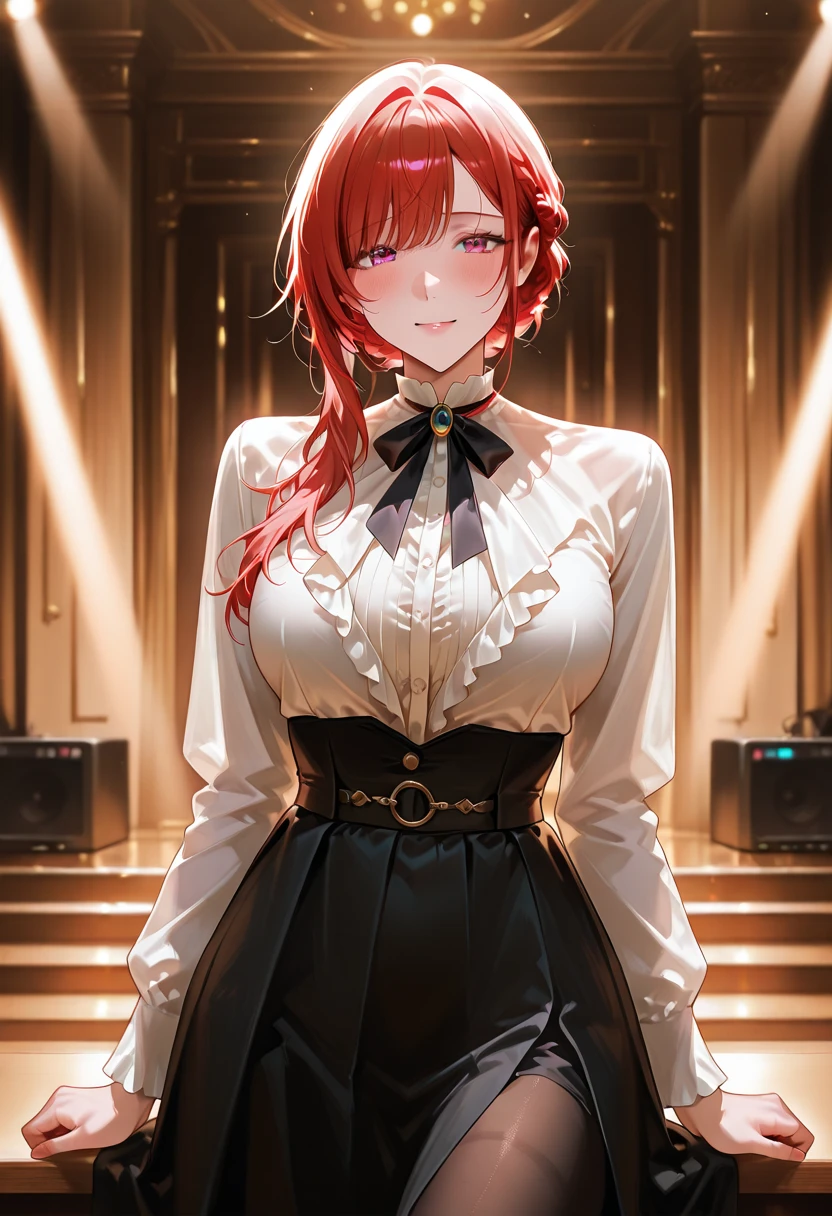An anime girl with red hair and blue eyes wearing a skirt and a black and red bra