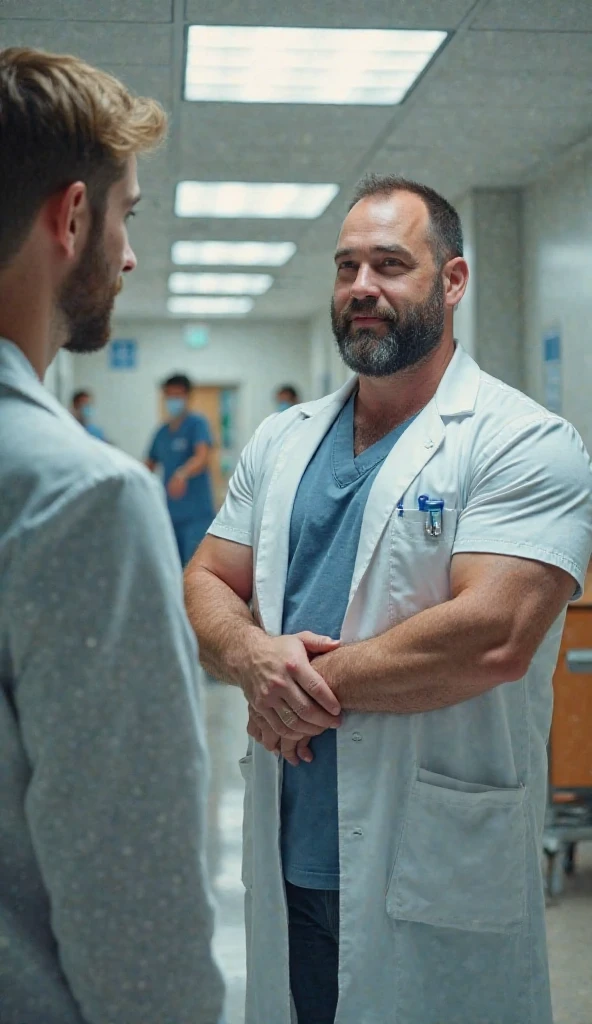 Strong, hairy, bearded mixed-race young man in camouflage underwear, taking off his underwear in front of a female doctor.