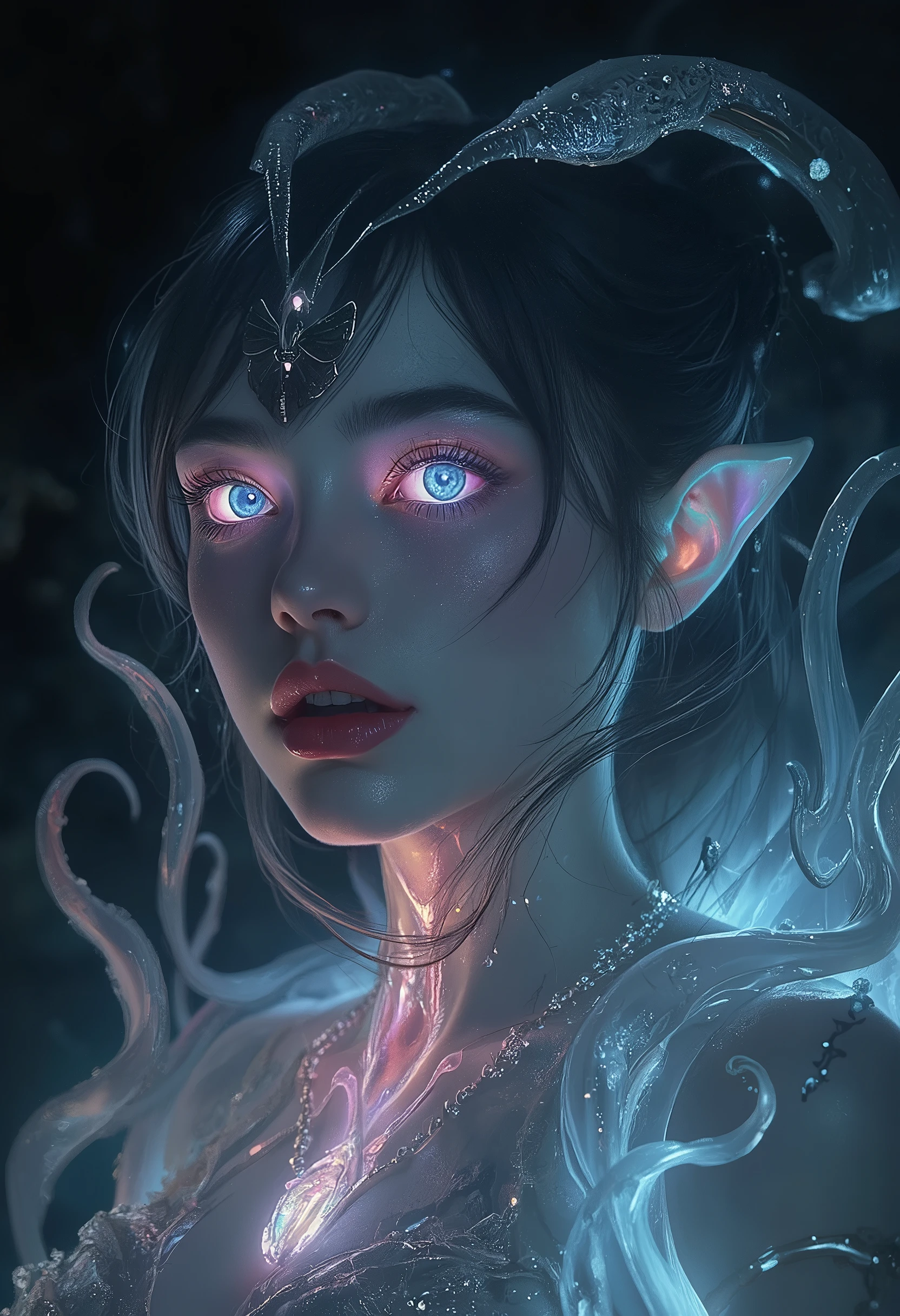 (4 iridescent eyes:1.5), four eyes, scary and sexy detailed art in color, Portrait, (beautiful and obscene female alien:1.4), (vulgarity1.7), (Translucent white skin:1.4), (There is a female genital-like organ in the middle of the forehead:2.3), (The most beautiful face in the history of the universe:1.2), an evil gaze that seduces, (sharp vampire teeth :1.0), Full body portrait, (bio luminescent:1.2),(Lots of translucent tentacles:1.8) , Neon Colored, in the deep sea, dramatic pose, four eyes,