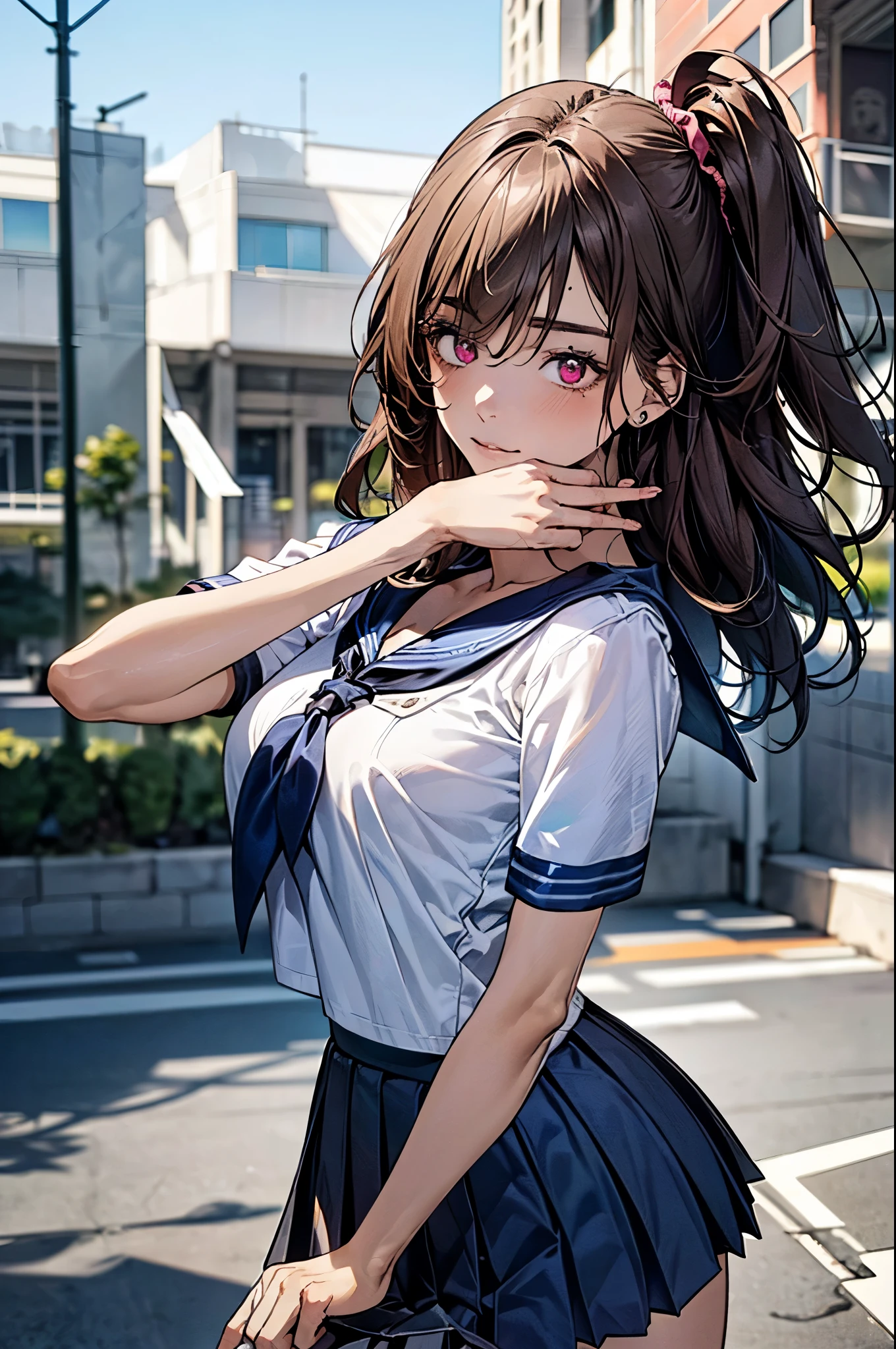 ((jojo pose, killer queen pose)), looking at viewer, ,
(masterpiece:1.3, top-quality, ultra high res, ultra detailed), (realistic, photorealistic:1.3), beautiful illustration, perfect lighting, natural lighting, colorful, depth of fields, 2025s, ,
beautiful detailed hair, beautiful detailed face, beautiful detailed eyes, (perfect anatomy, anatomically correct, super detailed skin), shiny skin,
1 girl, high school girl, cute and symmetrical face, perfect face, perfect eyes, perfect body, perfect fingers, babyface, cute face:1.2, tiny,
(long hair, (two side up:1.3), dark brown hair), hair between eyes, maroon eyes, big eyes, long eye lasher, (medium breasts, seductive thighs), slender, skin dentation,
(detailed cloth texture), break ((short sleeve sailor uniform, , navy blue sailor collar:1.2, navy blue pleated micro mini skirt)), break ((dark blue sailor scarf)), break
(beautiful scenery), summer, evening, detailed background, (parking lot:1.5),
